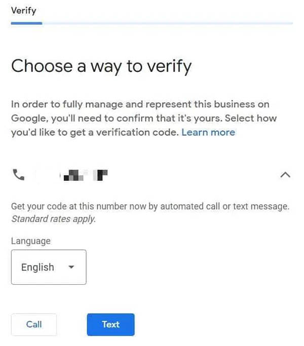 Một ví dụ về lời nhắc xác minh cuộc gọi điện thoại cho Google My Business